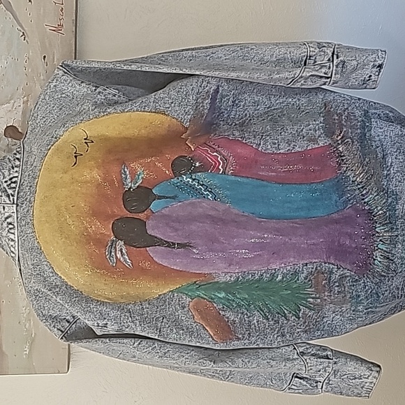 Eunina vtg 80s long jean denim jacket Southwestern artwork Native made in USA - Picture 5 of 14